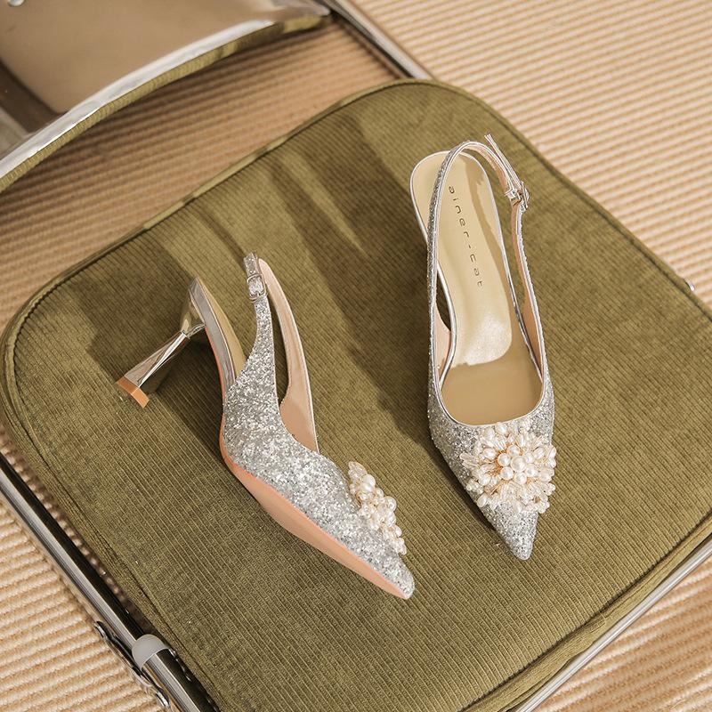7521-8 [sheepskin] High-heeled Wedding Shoes Women's Thin Heels 2025 New Pointed Sandals Sequined Pearl Single Shoes