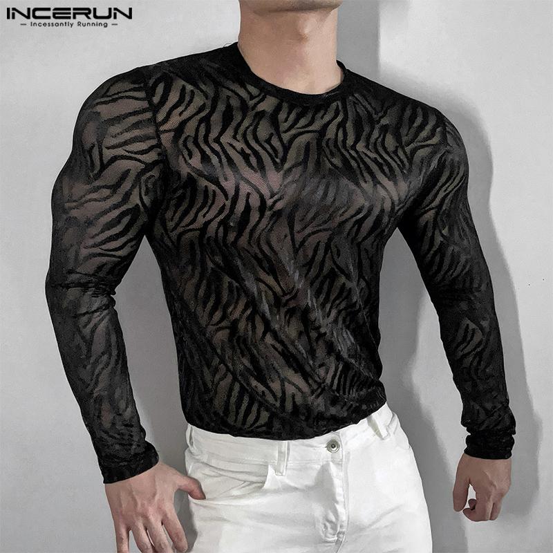 INCERUN Men Round Neck Long Sleeve Mesh Skinny Tops See Through T-shirts Undershirts