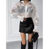 Fashion Blouses Transparent White Mesh Shirt Long Sleeve Shiny Transparent Design Blouse See-through