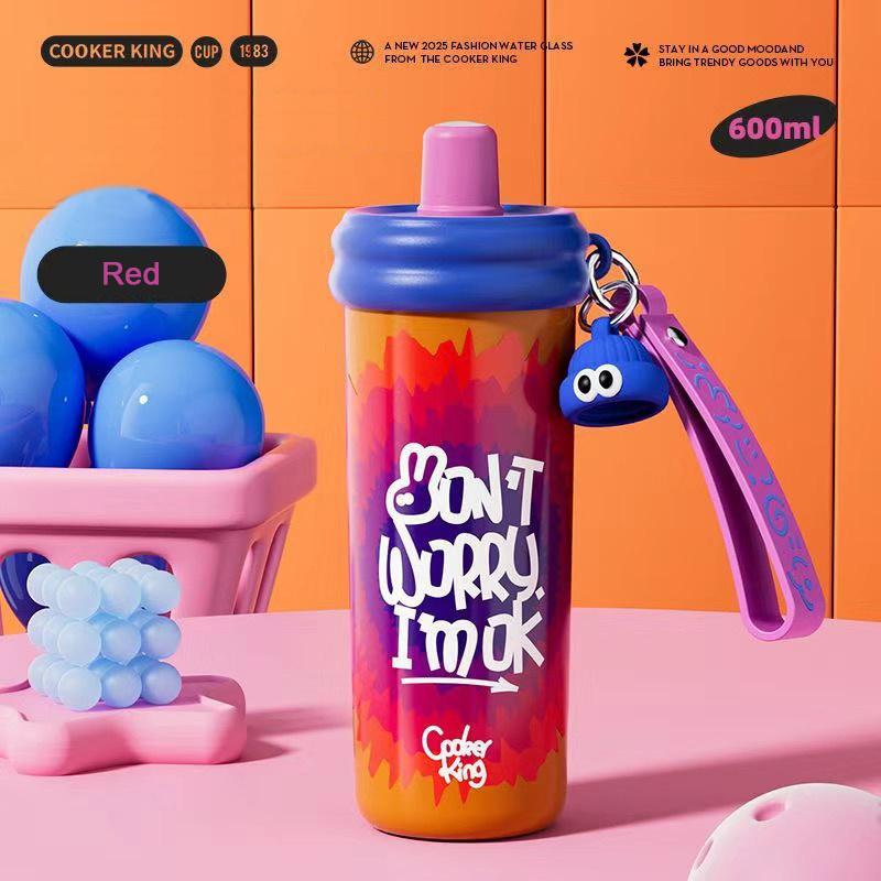 COOKER KING Sports Thermos Cup Stainless Steel Water Cup Colorful Patterns Insulated Water Bottle with Straw Hot & Cold Flask