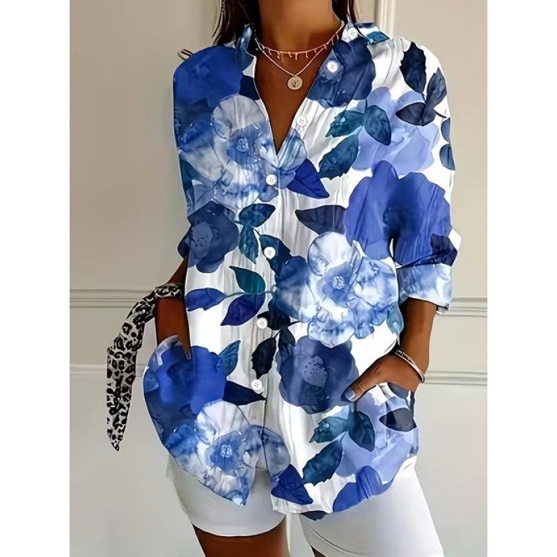 European and American 1D Digital Printing Stand-up Collar Long-sleeved Shirt Women's Loose Hawaiian Style Vacation Casual Top Trend
