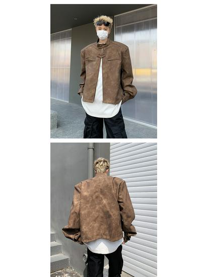 Men's Trendy Stand Collar Leather Jacket - High-End Feel, Loose Fit, Solid Color, Padded, Casual & Versatile