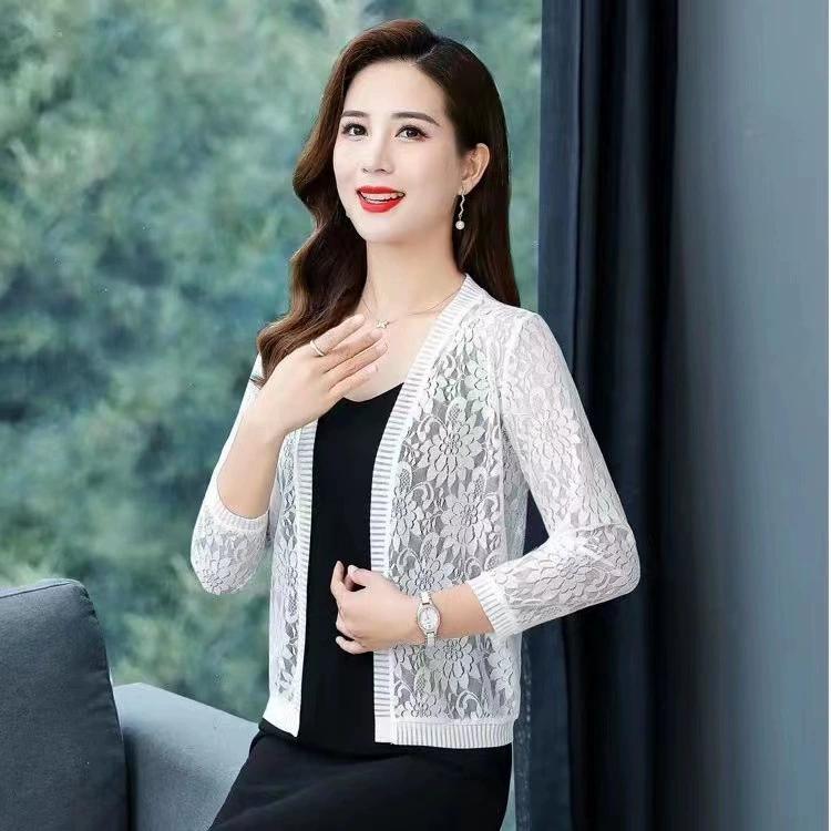 Cardigan estivo da donna taglie forti, sottile, a mezza manica, elegante, in pizzo e maglia, all'uncinetto, blusas, top e outwear