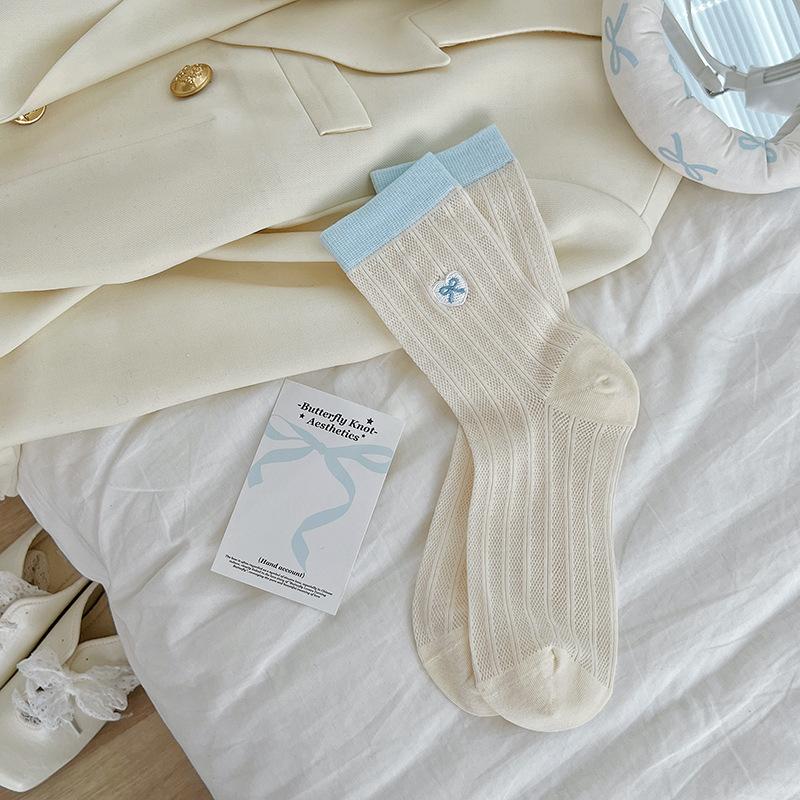 Boneless Love Embroidered Socks, Mid-Leg Socks, Thin Cotton Trendy Korean Bow Stockings