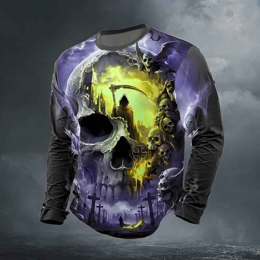 New Men's Autumn Round Neck Long Sleeve T-shirt Retro Skull 3D Pattern Print T Shirts Casual Fashion Tops Men's Clothing Tees