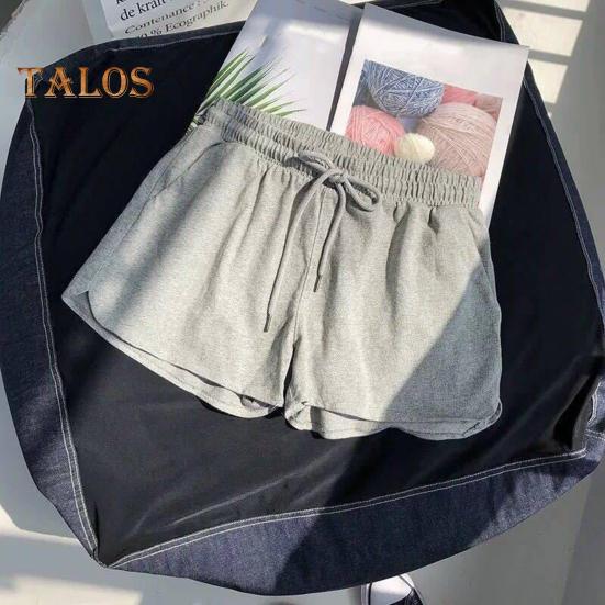 Women Casual Shorts Elastic Waistband Adjustable Drawstring Sport Shorts Solid Color Wide Leg Home Shorts