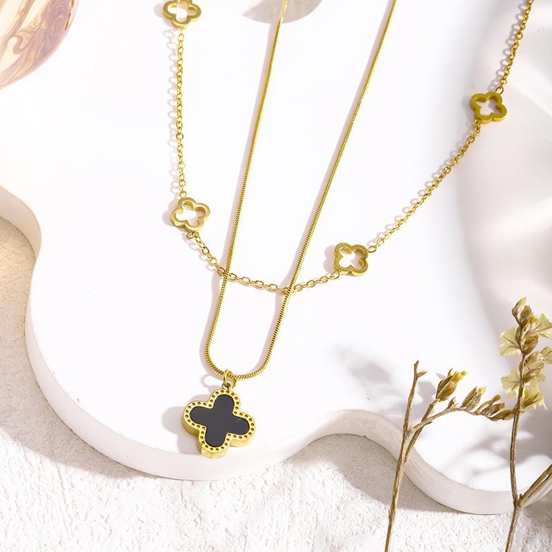 Elegant Four-Leaf Clover Double-Layer Necklace, Black & White Titanium Steel Clavicle Chain
