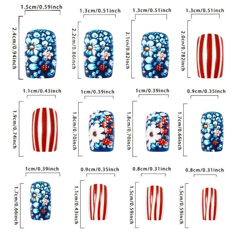 Independence Day Themed Press On Nail 24 Pieces Medium Square False Nail With Patriotic Flower Design For Celebrations