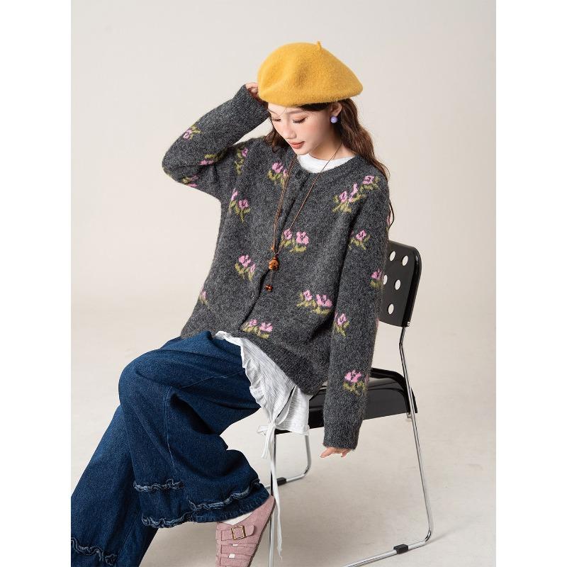 Vintage Green Flower Crew Neck Sweater Jacket Women's Autumn and Winter Loose Soft Waxy Knitted Cardigan Top