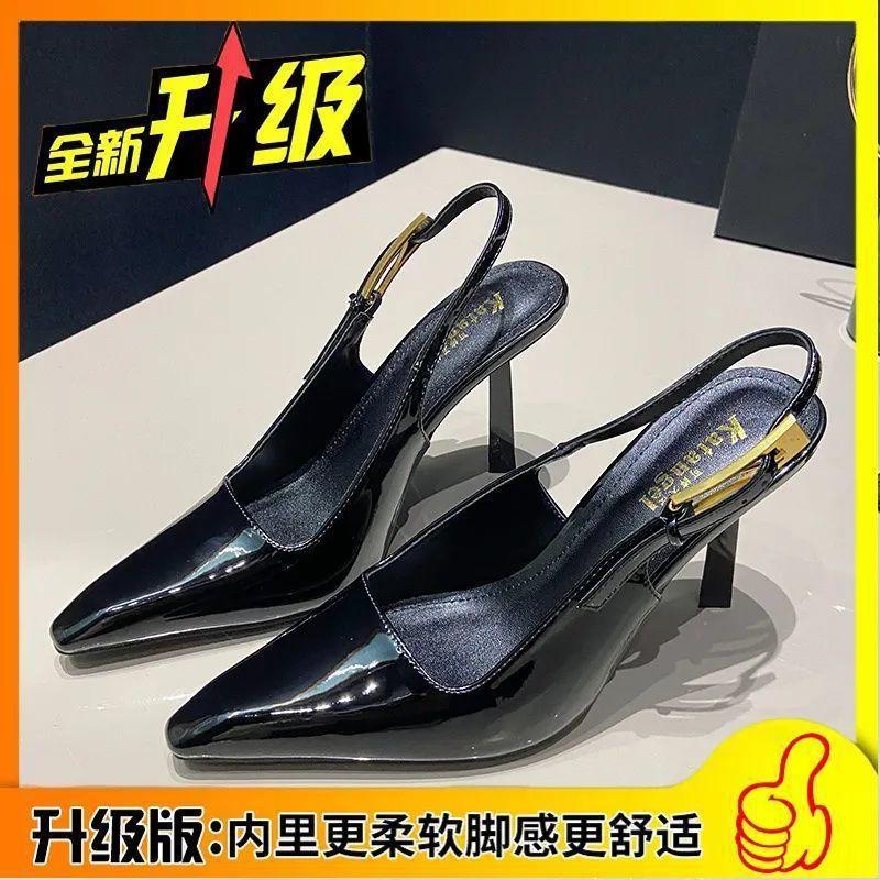 High heels women's summer new hollow black pointed temperament small gold heel patent leather bag head thin heel sandals