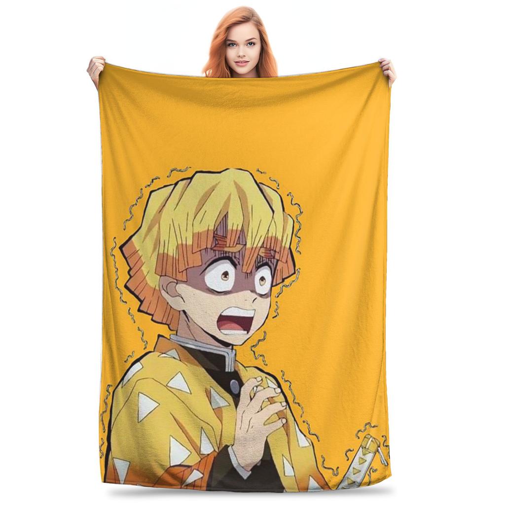 Flannel Throw Blanket Demon Slayer Kimetsu No Yaiba Japanese Agatsuma Zenitsu Anime Warm Blankets Bedspread for Home Picnic Sofa