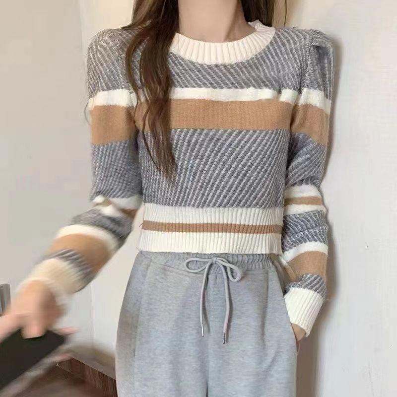 Autumn/Winter Women's Striped Sweater Round Neck Loose Color-block Pullover Sweater Short Sleeve Knitted Tops