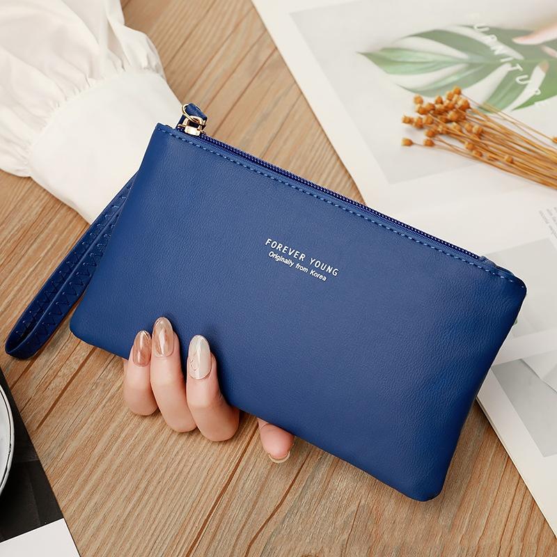 Простой и модный женский ультратонкий длинный кошелек однотонный из искусственной кожи кошелек на молнии большой вместимости портативная сумочка темно-синий