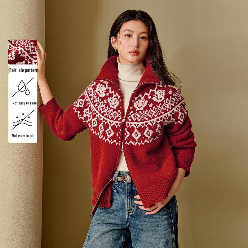 INMAN Damen Fair Isle Strickjacke mit Doppelreißverschluss