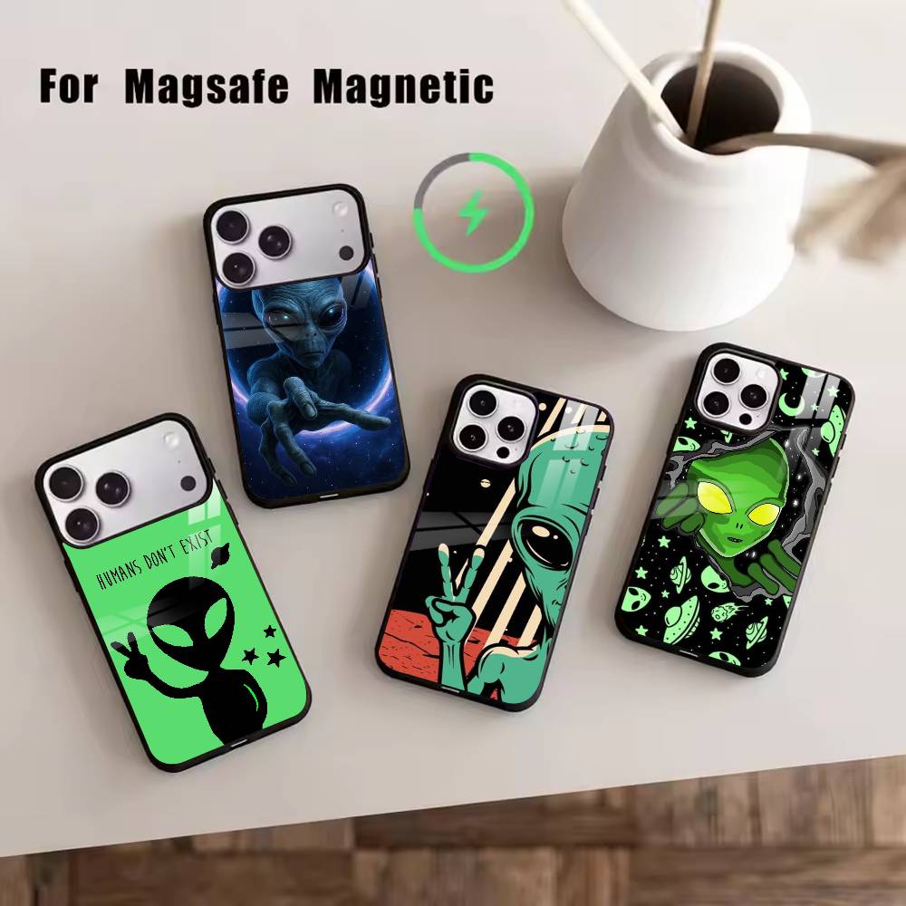 U- Funny Space UFO Alien Phone Case For iPhone17,16,15,14,13,12,11 Plus,Pro Magnetic with Magsafe Wireless Charging