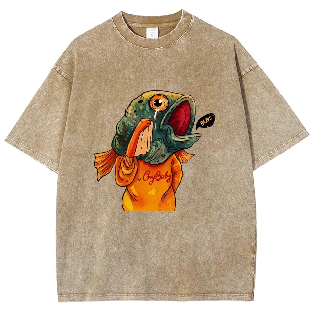 Funny Fish T Shirts Unisex Washed Tees Men Women Short Sleeve T-shirts Cotton T-shirt Streetwear Harajuku Graphic T Shirts