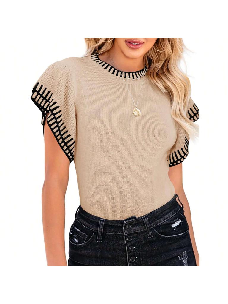 Women's Striped Ruffle Short Sleeve Knit Sweater Crew Neck Loose Summer Top