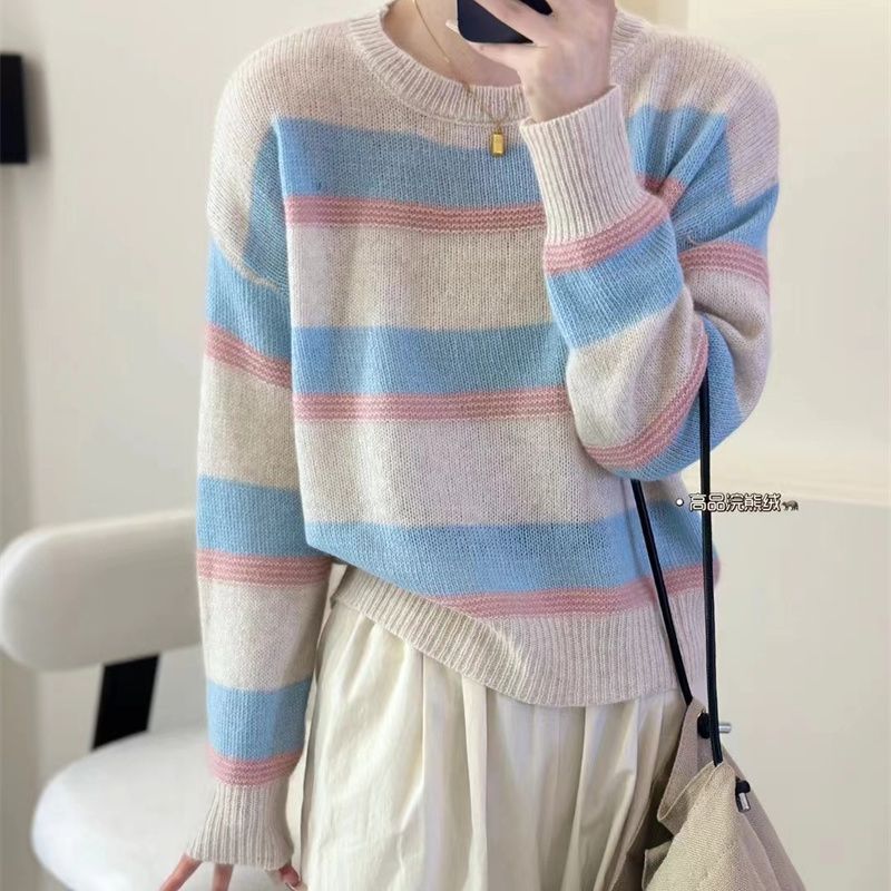 

Contrasting color stripes sweet raccoon fleece sweater women s new loose and versatile outer wear knitted sweater top women One Size