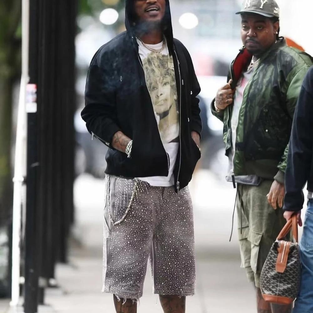 Streetwearové volné džínové šortky s celoplošným potiskem z kamínků pro muže, s roztrhanými dírami, prané, krátké, ležérní, volné, pětikapsové