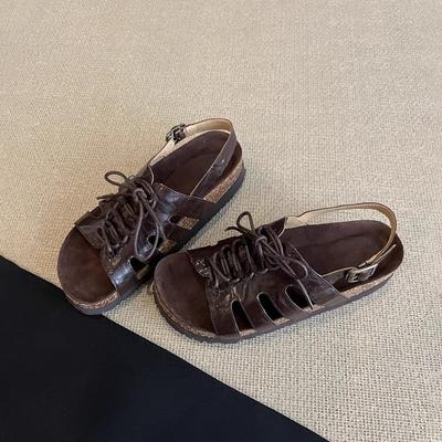 Sheepskin Version~ New Hollow Lace-up Leather Roman Shoes for Women To Wear Retro Round Head Versatile Thick-soled Beach Sandals