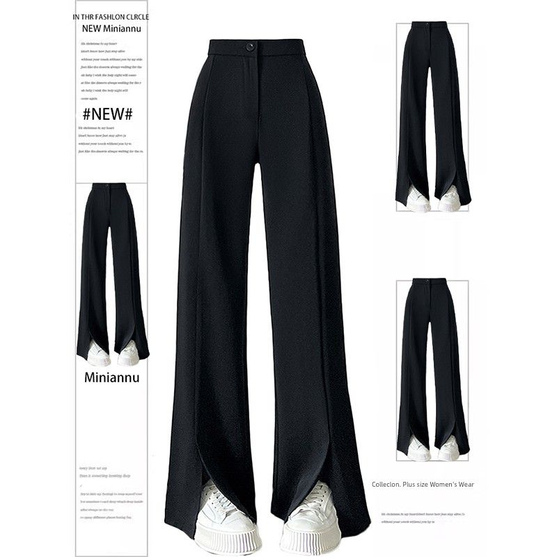 

150.00kg Extra Large Chubby Girl High-Grade Black Micro-Pull Suit Pants Women Split Design Slimming Meat-Covering Casual Pants Black [High-Quality Fabric] 2XL