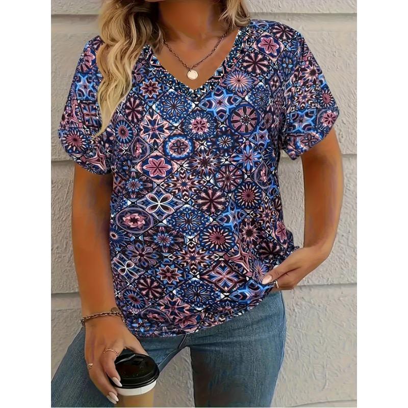 T-shirt Women's Summer Casual Elegant V-neck Short Sleeve Retro Floral Top Loose Casual Wear Ladies T-shirt