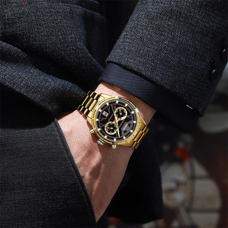 Fashion New 2537 Fashion Business Men'S Watch, Butterfly Double Snap Buckle Steel Belt Waterproof Luminous Quartz Watch