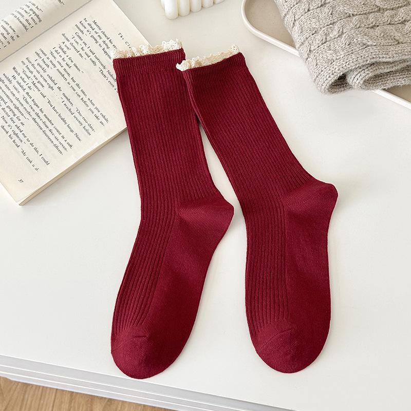 Female Spring and Autumn Solid Color Lace In The Tube Pile Pile Cotton Socks