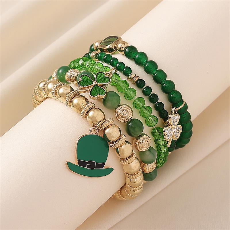 St.Patrick's Day Bracelets for Women Men Mutilayered Lucky Shamrock Charm Bracelet Green Leaf Hat Beaded Holiday Bracelet Irish Festival Party Jewelry