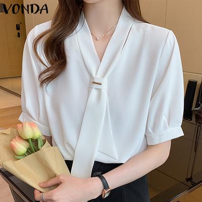 Summer Women Puff Short Sleeve V Neck Tie Up Casual Office Blouses