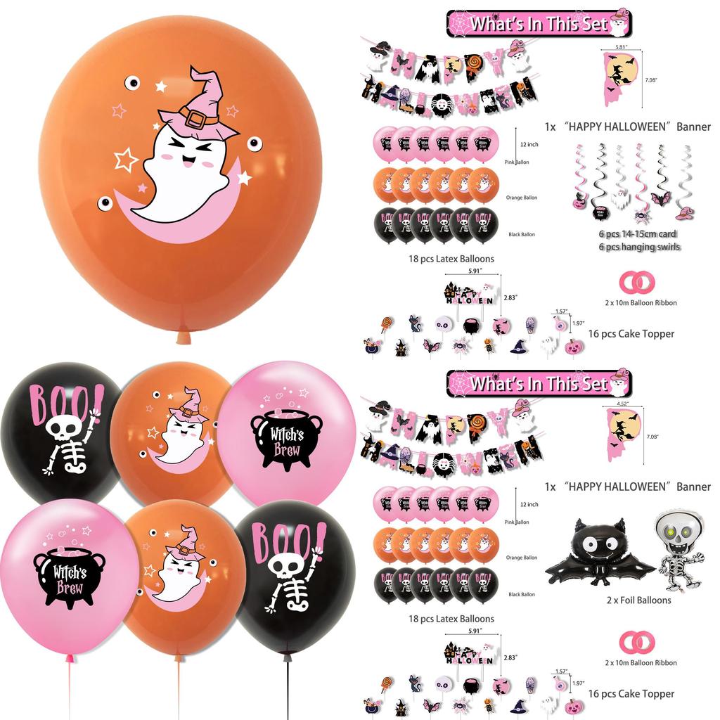 Pink Halloween Party Decorative Skull Balloon Pumpkin Banner Cake Insert Set