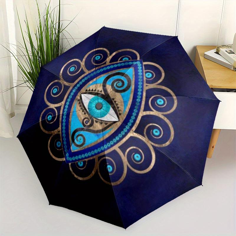 Elegant Evil Eye Decorative Plate Blue and Gold Mandala DesignUmbrella, Portable 3-Fold Compact Umbrella for Men & Women ES58