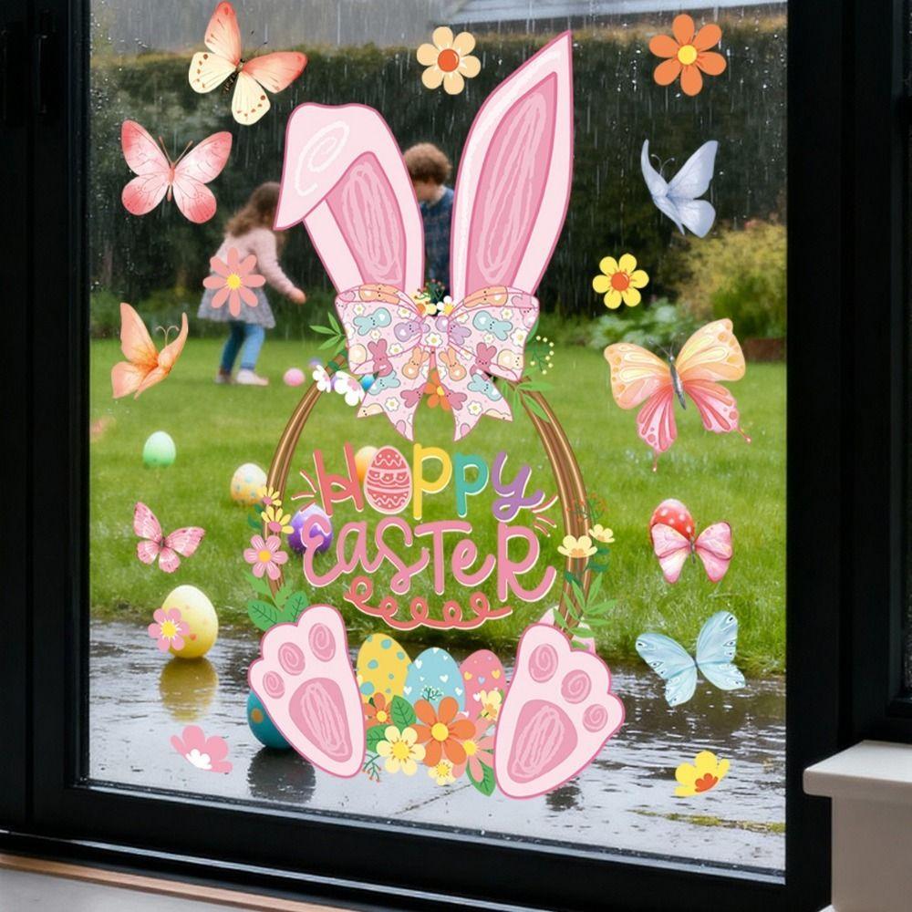 Pink Rabbit Basket Electrostatic Stickers Rabbit Bunny Wall Decal  Happy Easter Party