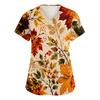 Women's V-Neck Short Sleeve Scrub Top with Pockets Maple Leaf Print Side Slit Caregiver Uniform