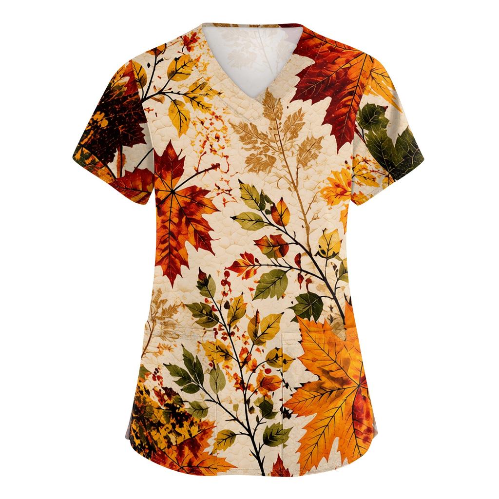 Women's V-Neck Short Sleeve Scrub Top with Pockets Maple Leaf Print Side Slit Caregiver Uniform