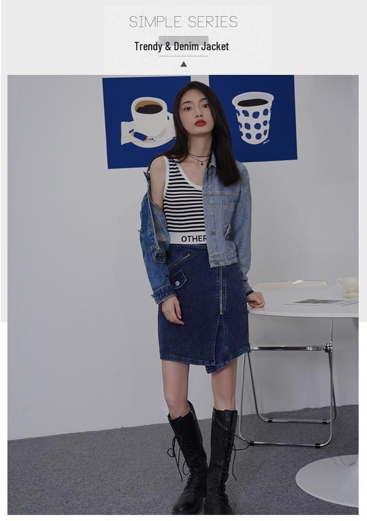 Women's Color Block Long Sleeve Denim Jacket with Inverted Pockets