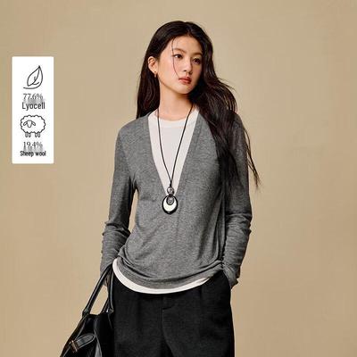 INMAN Women's Lyocell Wool Faux Two-Piece Long Sleeve T-Shirt