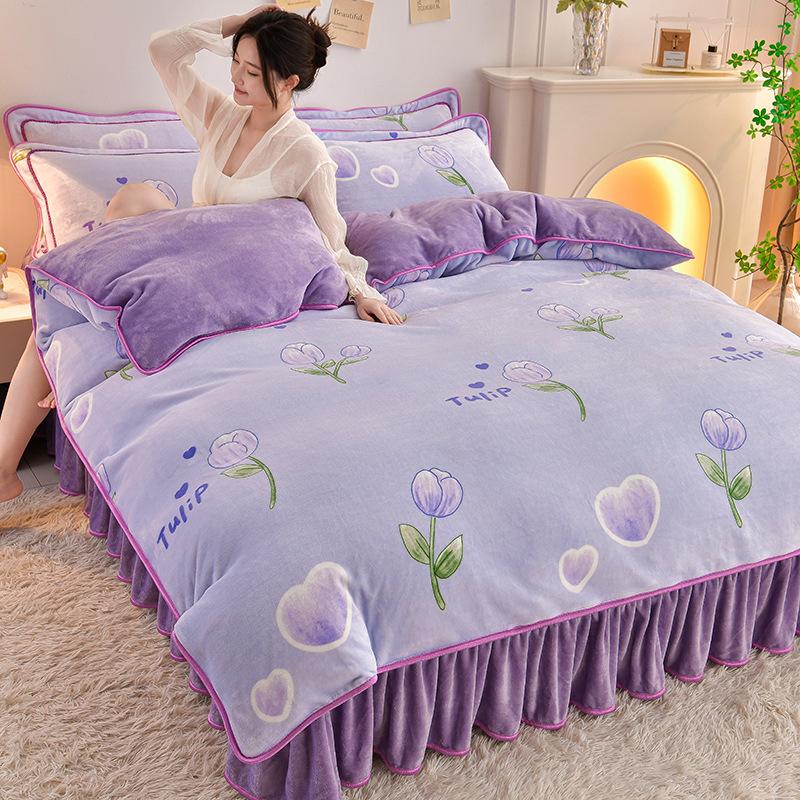 

Комплект из 4 предметов из молочного флиса класса А для матерей и младенцев, высокоплотный флис «Принцесса Ветер» Фарай, утолщенный теплый комплект из 4 предметов из золотого норкового флиса 1.8m bed skirt 4pc quilt 2*2.3m