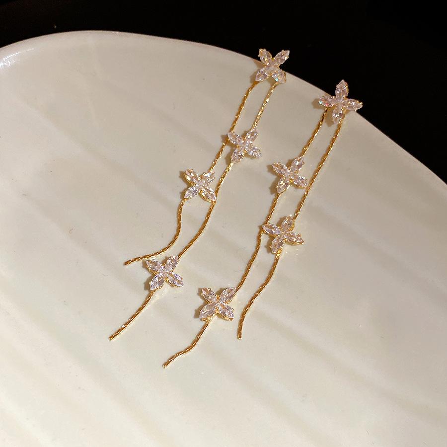 

K real gold electroplated silver needle zircon flower fringed earrings light luxury high-end stud earrings retro temperament earrings women