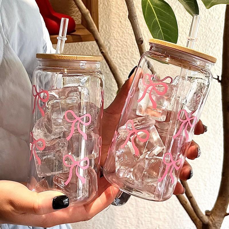 500ml/16oz Cute Bow Glass Cup Tumbler Summer Water Bottle Bow With Lids Straw Coffee Cups for Bubble Tea Iced Coffee Juice Cup