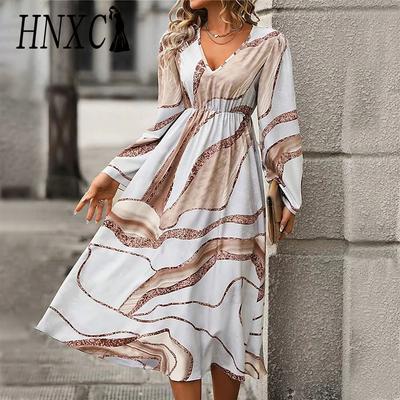 HNXC Women's Fashion Autumn Winter Long Sleeve V-Neck  Casual Dresses