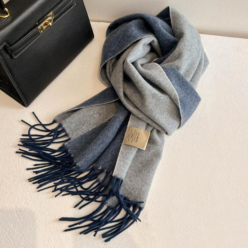 Gradual change color pure wool scarf women's winter versatile tassel long double-sided color large shawl dual-purpose new