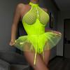 European Sexy, PU Patent Leather Mesh, Splicing Neck, Underwear Mesh, Skirt Skirt, Garter Belts, Detachable Jumpsuit