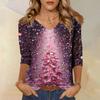 Women's Fashion Casual V Neck 3/4 Sleeve Loose  Printed T-Shirt Ladies Top