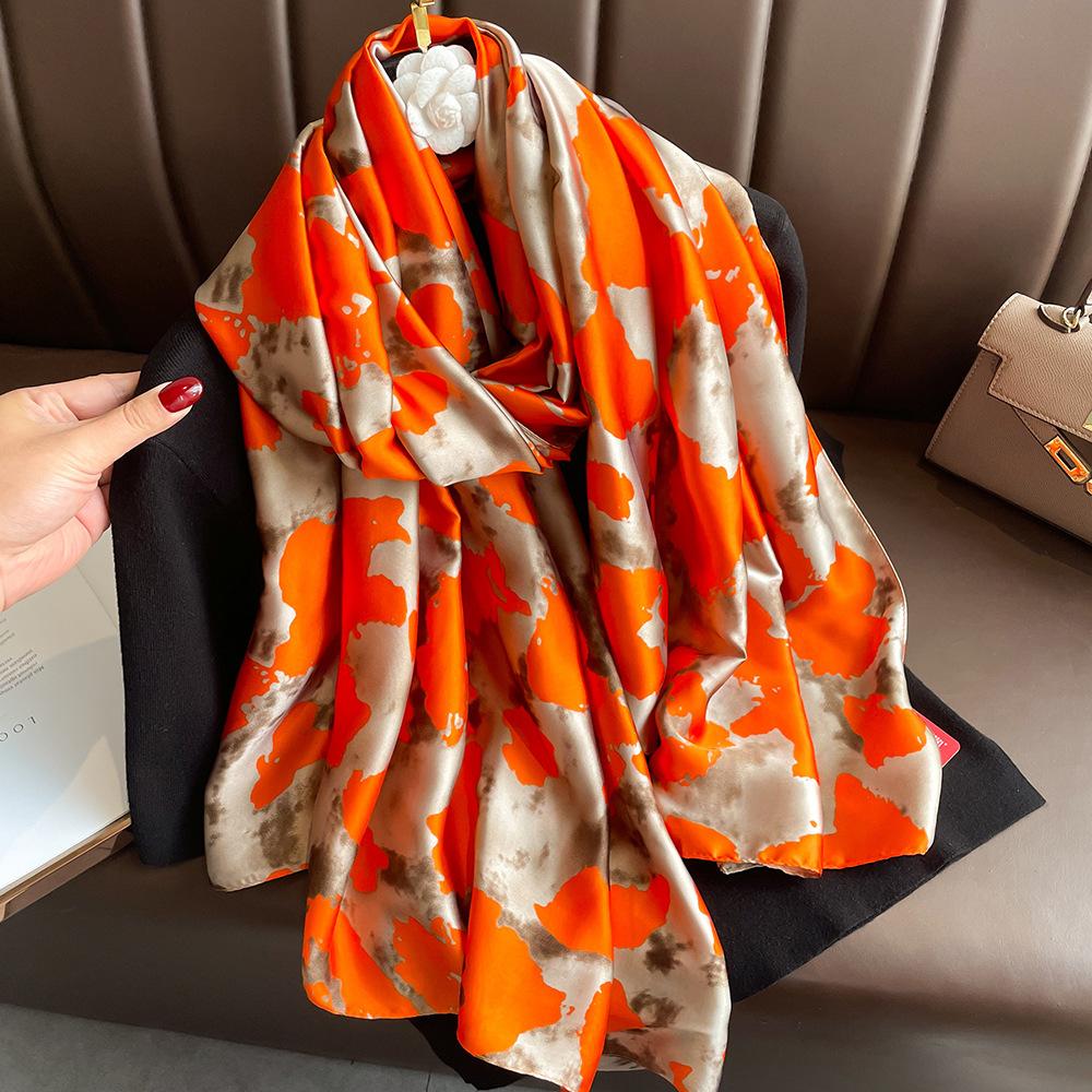 New silk scarf new silk satin printed shawl holiday fashion sunscreen long section simulation silk scarf