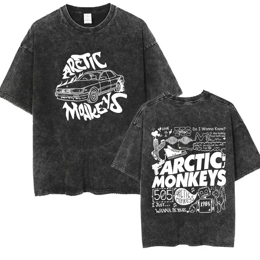 Oversized Acid-Wash Short-Sleeve T-Shirt Featuring Arctic Monkeys Band-Themed Graphic Print, Including a Classic Car Illustration L