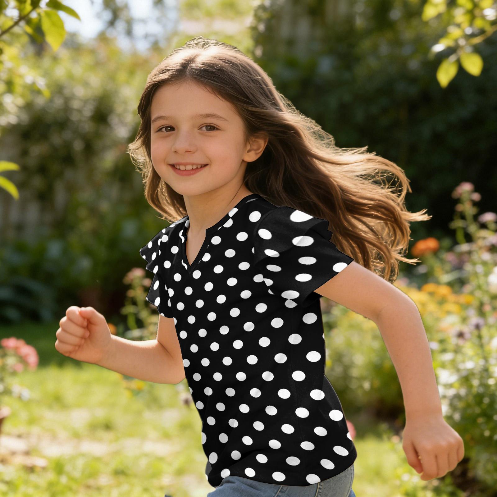 Girls  V-Neck Ruffle Tee - Short Sleeve Summer Blouse 110 чёрный