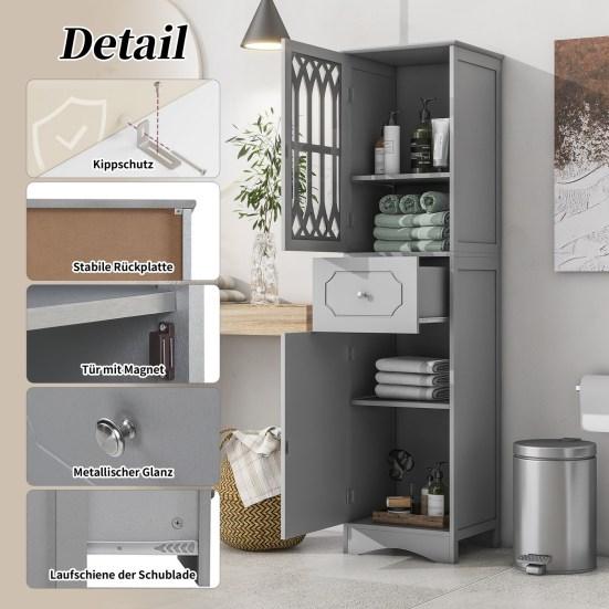 Bathroom Cabinet with Drawer Dual Doors 2 Compartments Adjustable Shelf Hollow Modern Freestanding Tall Floor Narrow Storage Cabinet