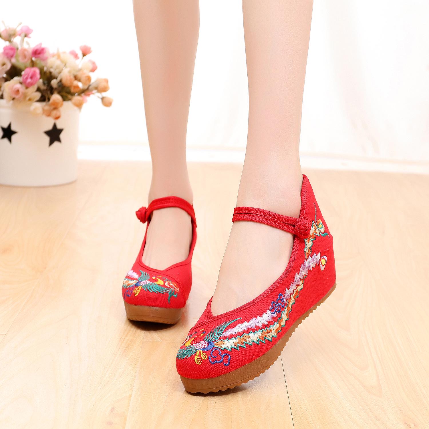 

Embroidered Colorful Phoenix Cloth Wedding Shoes - Ethnic Style Square Dance Flats 36