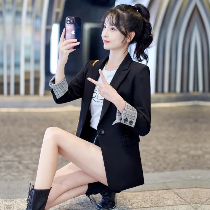 Женский черный маленький костюмный пиджак - Весна/Осень 2025, Модный повседневный короткий блейзер S чёрный